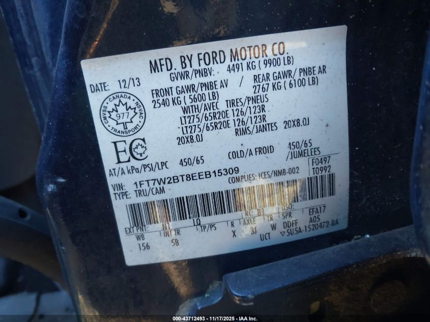 2014 Ford F-250 Lariat VIN: 1FT7W2BT8EEB15309 Lot: 43712493