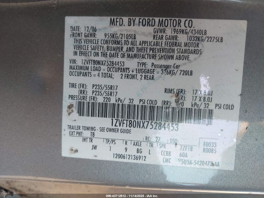 2007 Ford Mustang V6 Deluxe/V6 Premium VIN: 1ZVFT80NX75284453 Lot: 43712512