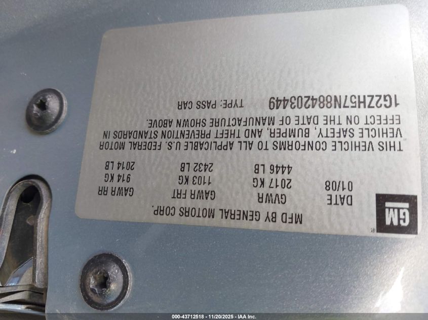 2008 Pontiac G6 Gt VIN: 1G2ZH57N884203449 Lot: 43712518