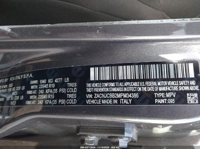 2021 Jeep Renegade Latitude Fwd VIN: ZACNJCBB2MPM34386 Lot: 43712524