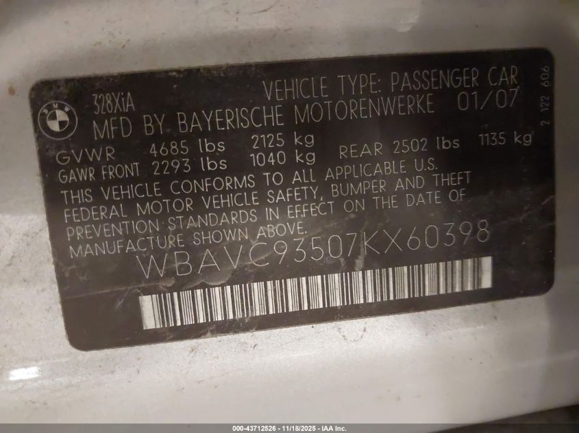 2007 BMW 328Xi VIN: WBAVC93507KX60398 Lot: 43712526