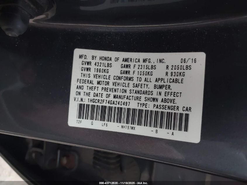 2016 Honda Accord Ex VIN: 1HGCR2F74GA240497 Lot: 43712535