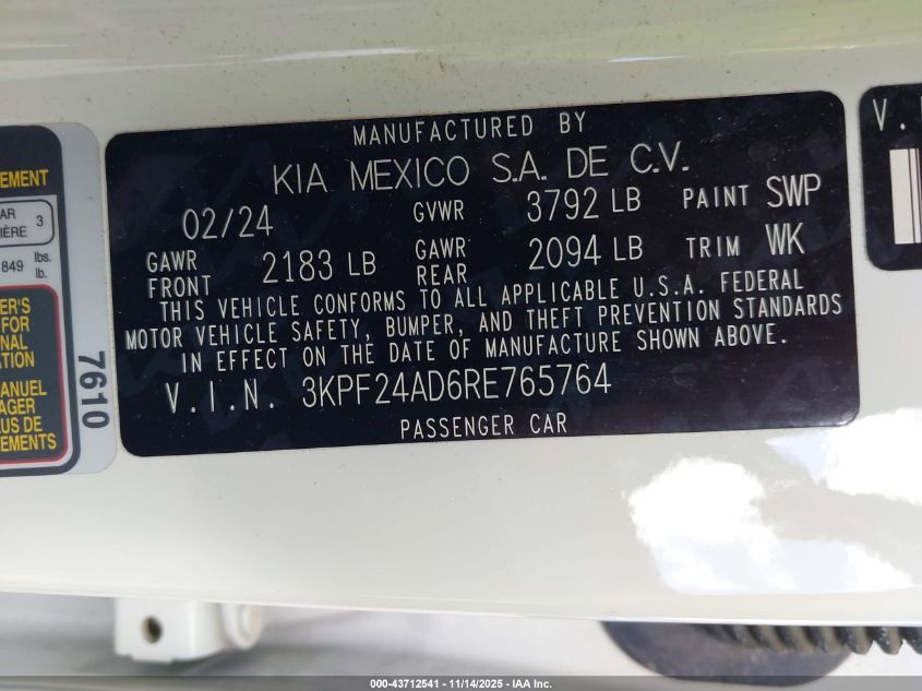 2024 Kia Forte Lxs VIN: 3KPF24AD6RE765764 Lot: 43712541