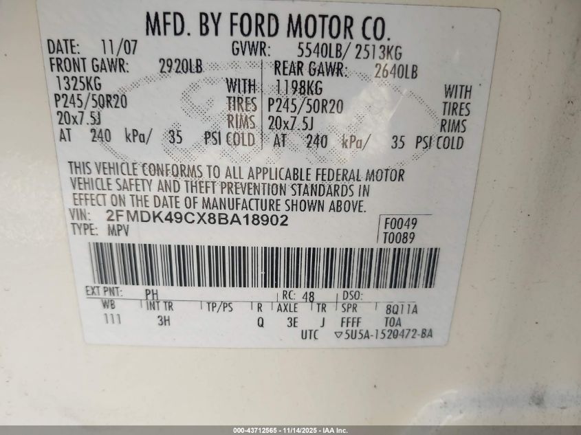 2008 Ford Edge Limited VIN: 2FMDK49CX8BA18902 Lot: 43712565