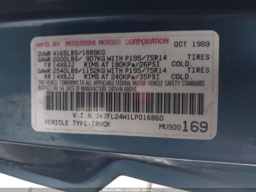 1990 Mitsubishi Mighty Max / S VIN: JA7FL24W1LP016860 Lot: 43712602