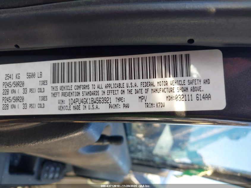 2011 Dodge Nitro Heat VIN: 1D4PU4GK1BW563921 Lot: 43712610