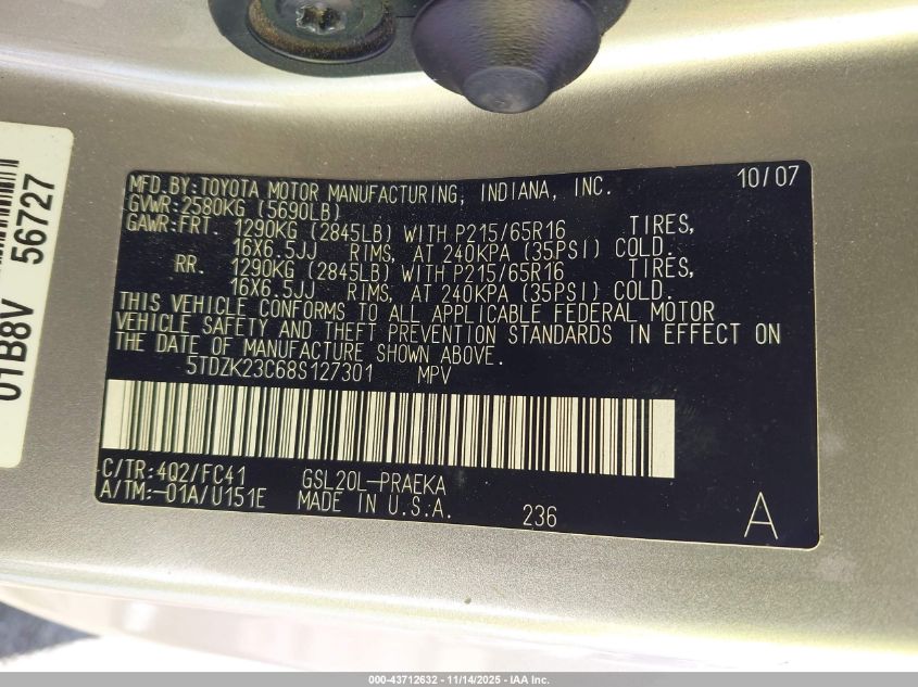 2008 Toyota Sienna Le VIN: 5TDZK23C68S127301 Lot: 43712632