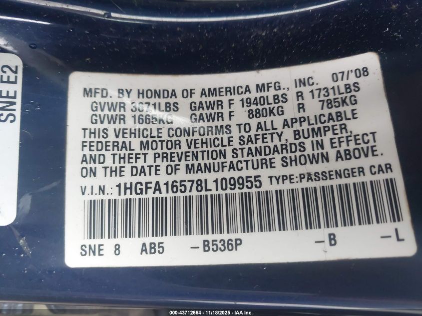 2008 Honda Civic Lx VIN: 1HGFA16578L109955 Lot: 43712664