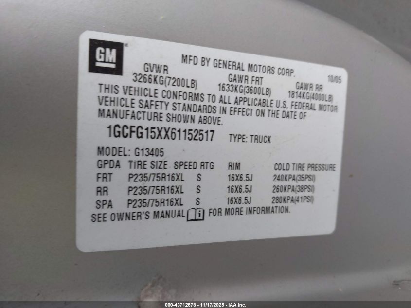 2006 Chevrolet Express Work Van VIN: 1GCFG15XX61152517 Lot: 43712678