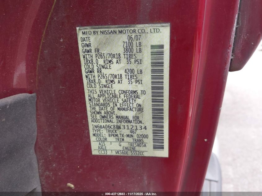 2008 Nissan Titan Se VIN: 1N6BA06C88N312134 Lot: 43712683