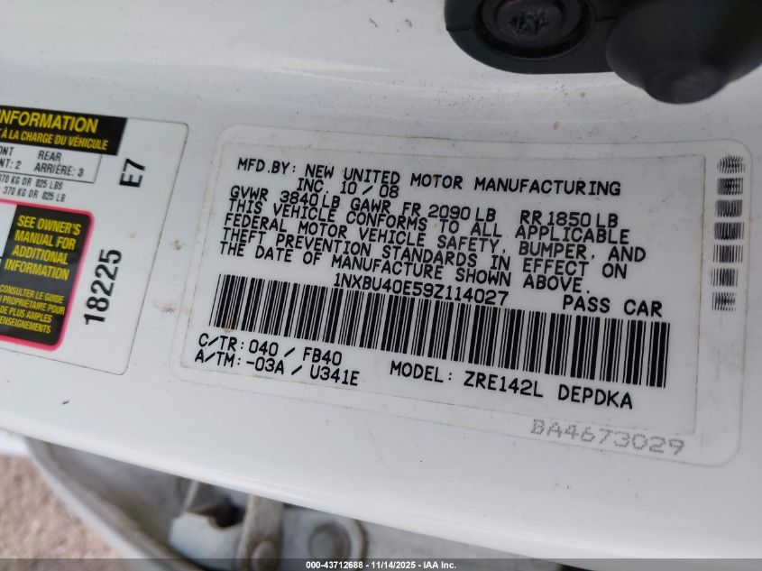 2009 Toyota Corolla Le VIN: 1NXBU40E59Z114027 Lot: 43712688