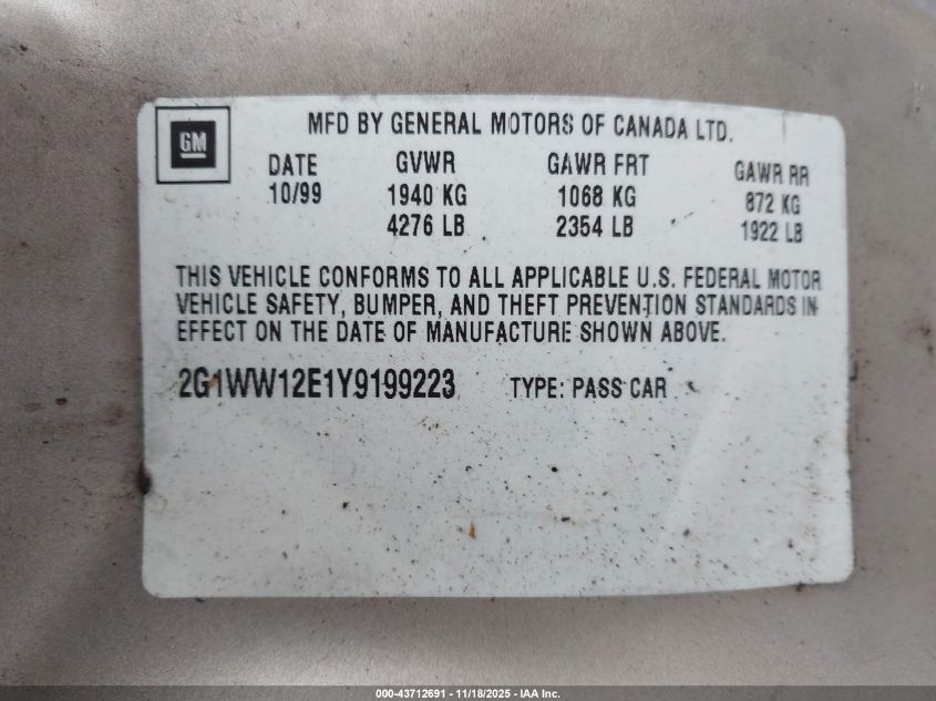 2000 Chevrolet Monte Carlo Ls VIN: 2G1WW12E1Y9199223 Lot: 43712691