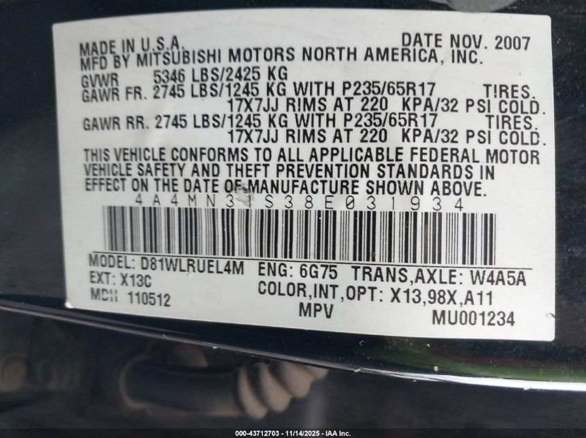 2008 Mitsubishi Endeavor Se VIN: 4A4MN31S38E031934 Lot: 43712703