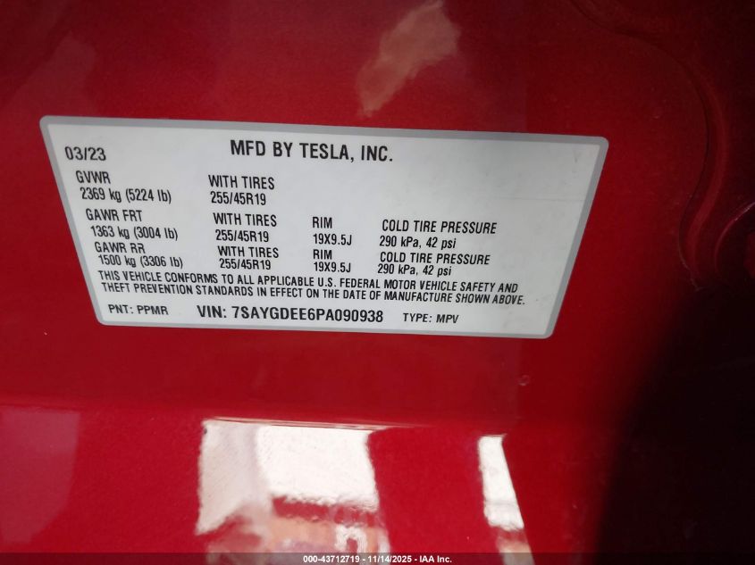 2023 Tesla Model Y Awd/Long Range Dual Motor All-Wheel Drive VIN: 7SAYGDEE6PA090938 Lot: 43712719