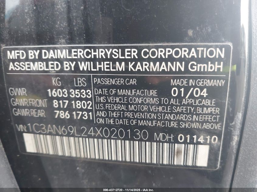 2004 Chrysler Crossfire VIN: 1C3AN69L24X020130 Lot: 43712720