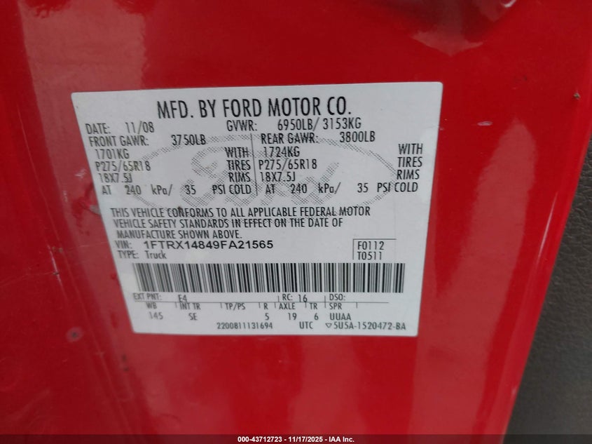1FTRX14849FA21565 2009 FORD F-150 photo no. 9
