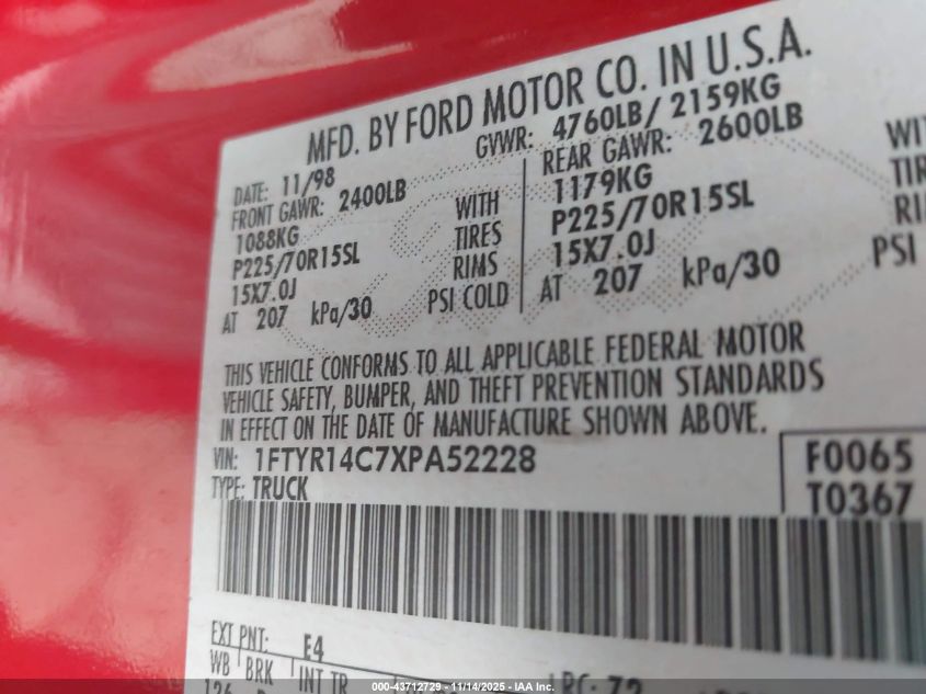 1999 Ford Ranger Xl/Xlt VIN: 1FTYR14C7XPA52228 Lot: 43712729