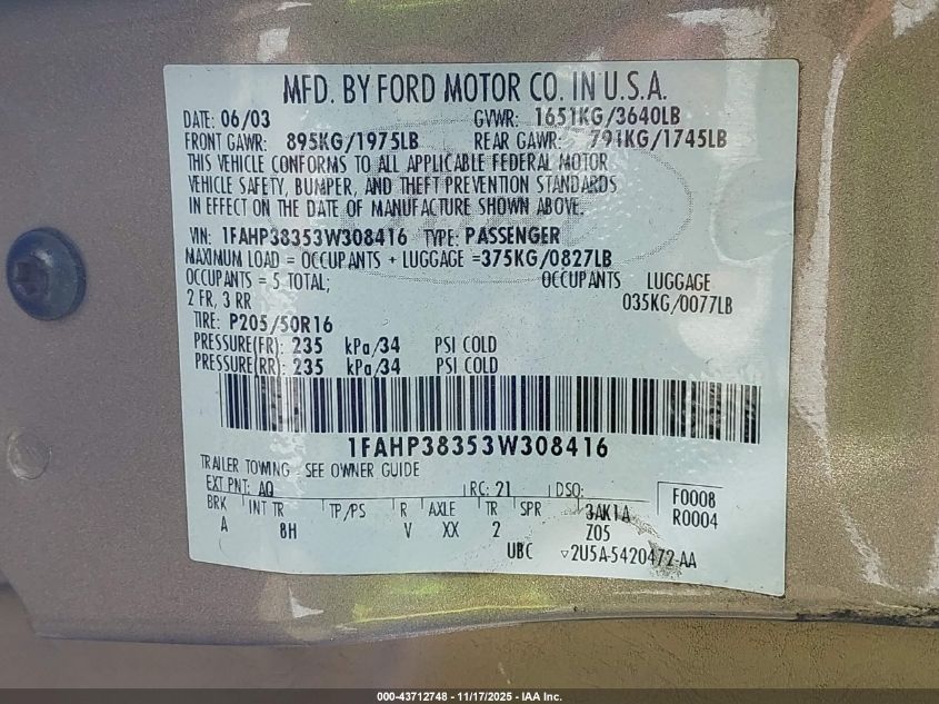 2003 Ford Focus Zts VIN: 1FAHP38353W308416 Lot: 43712748