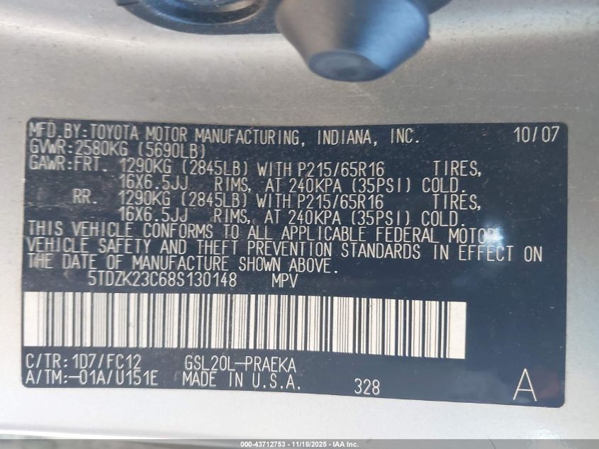 2008 Toyota Sienna Le VIN: 5TDZK23C68S130148 Lot: 43712753