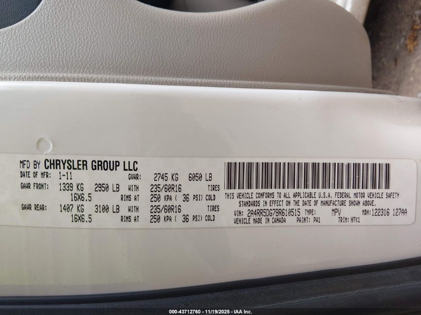 2011 Chrysler Town & Country Touring VIN: 2A4RR5DG7BR610515 Lot: 43712760