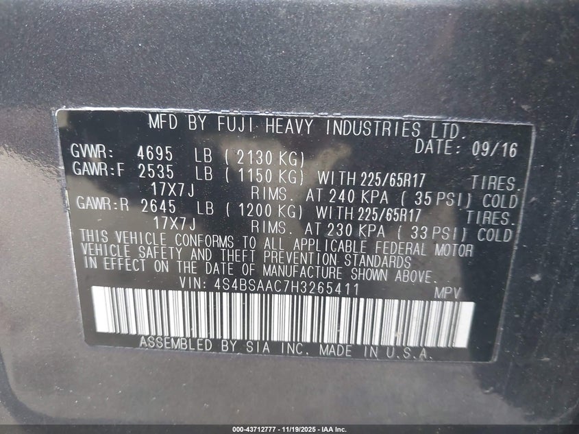 4S4BSAAC7H3265411 2017 SUBARU OUTBACK photo no. 9