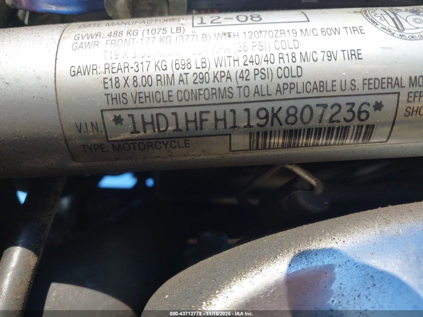 2009 Harley-Davidson Vrscaw VIN: 1HD1HFH119K807236 Lot: 43712779