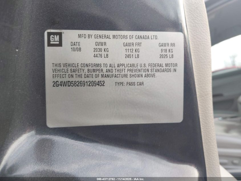 2009 Buick Lacrosse Cxl VIN: 2G4WD582691209452 Lot: 43712782