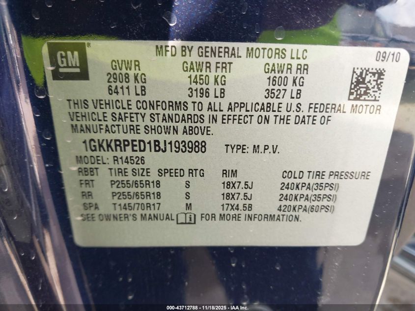 2011 GMC Acadia Sle VIN: 1GKKRPED1BJ193988 Lot: 43712788