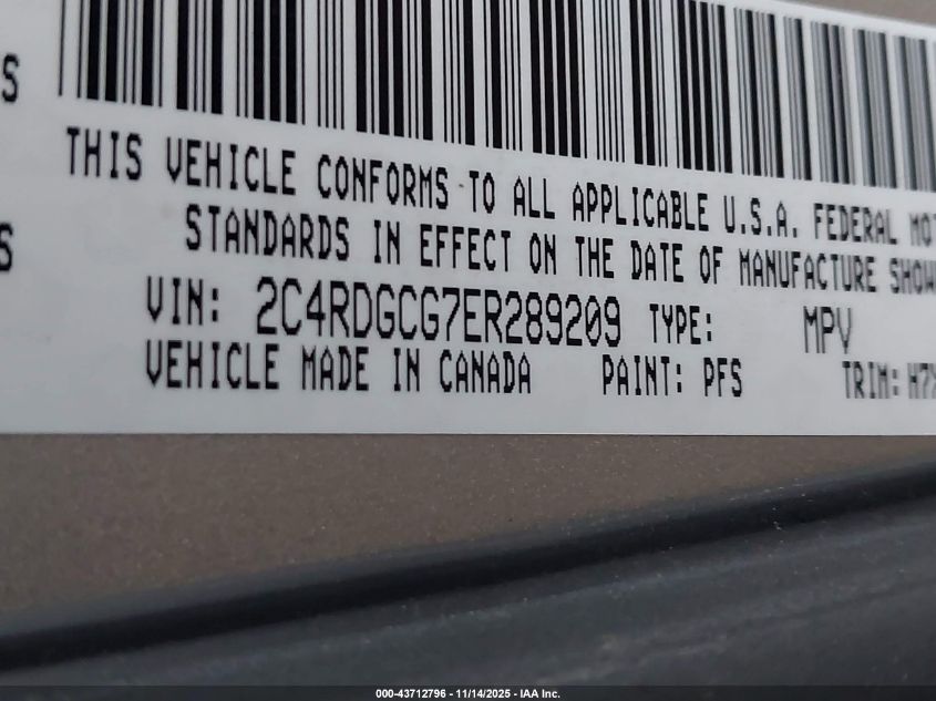 2014 Dodge Grand Caravan Sxt VIN: 2C4RDGCG7ER289209 Lot: 43712796