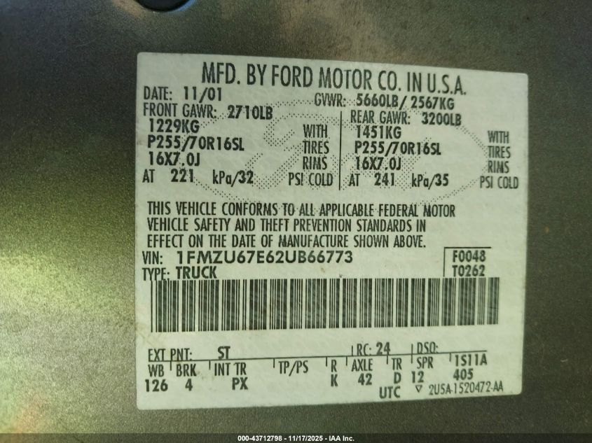 2002 Ford Explorer Sport Trac VIN: 1FMZU67E62UB66773 Lot: 43712798