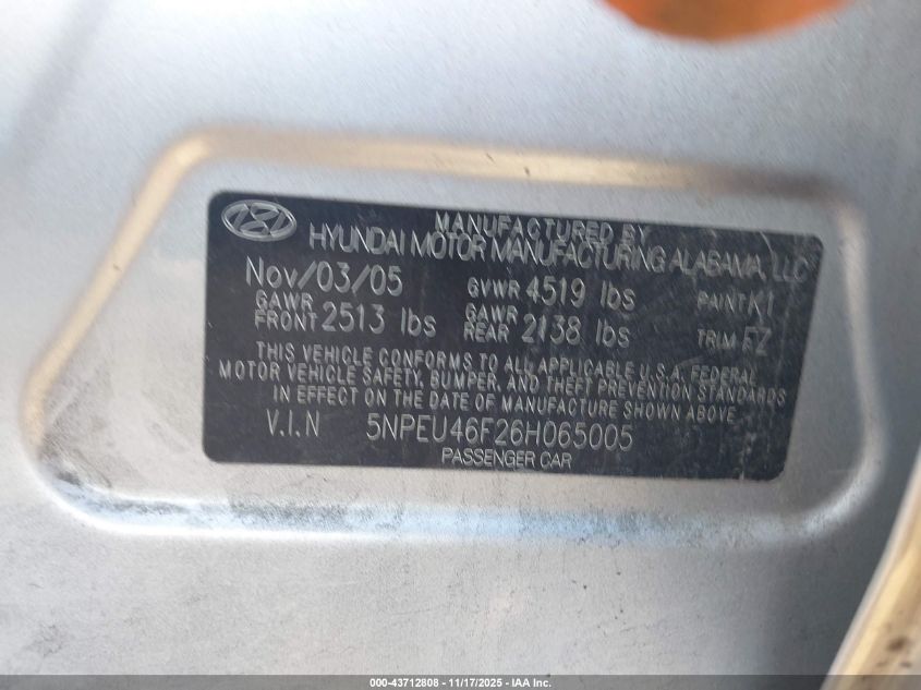 2006 Hyundai Sonata Gls V6/Lx V6 VIN: 5NPEU46F26H065005 Lot: 43712808