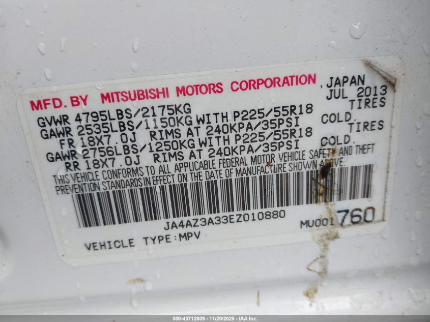 2014 Mitsubishi Outlander Se VIN: JA4AZ3A33EZ010880 Lot: 43712809