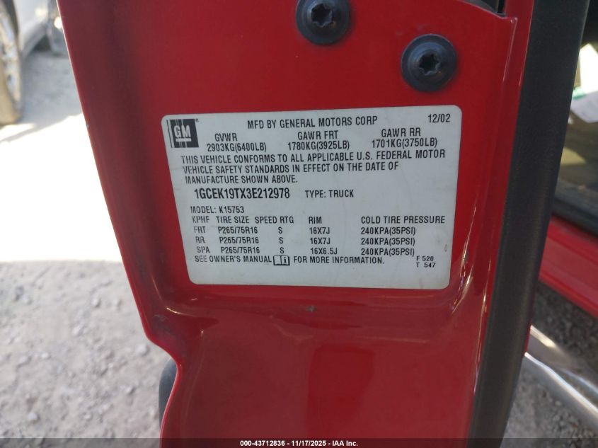 2003 Chevrolet Silverado 1500 Lt VIN: 1GCEK19TX3E212978 Lot: 43712836