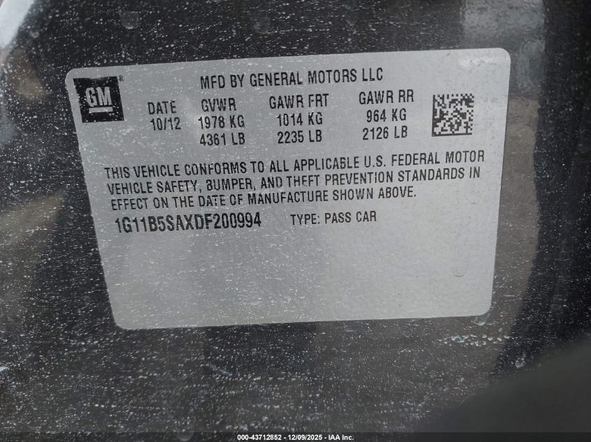 2013 Chevrolet Malibu 1Ls VIN: 1G11B5SAXDF200994 Lot: 43712852