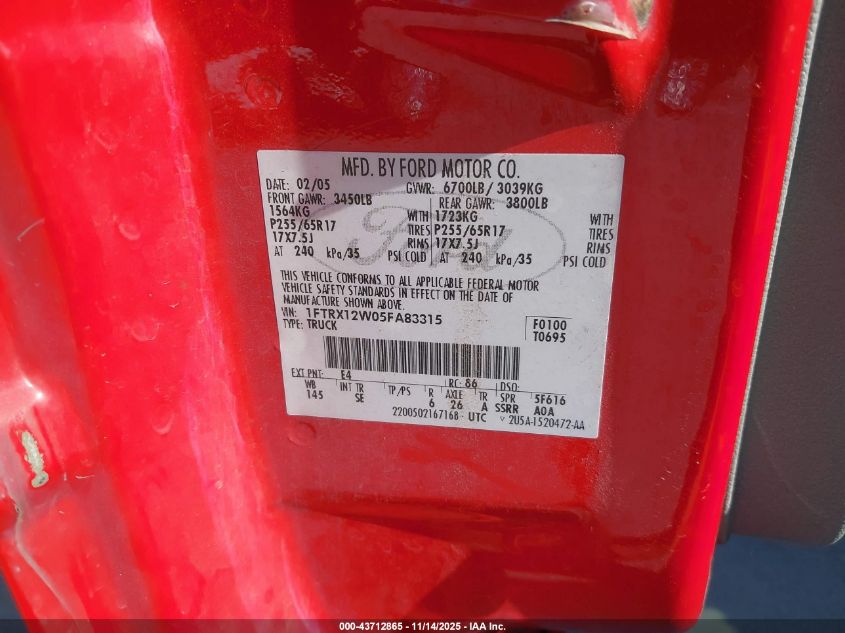 2005 Ford F-150 Stx/Xl/Xlt VIN: 1FTRX12W05FA83315 Lot: 43712865