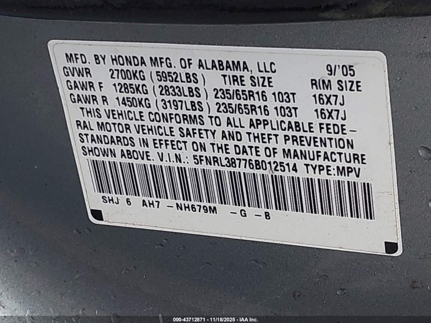 2006 Honda Odyssey Ex-L VIN: 5FNRL38776B012514 Lot: 43712871