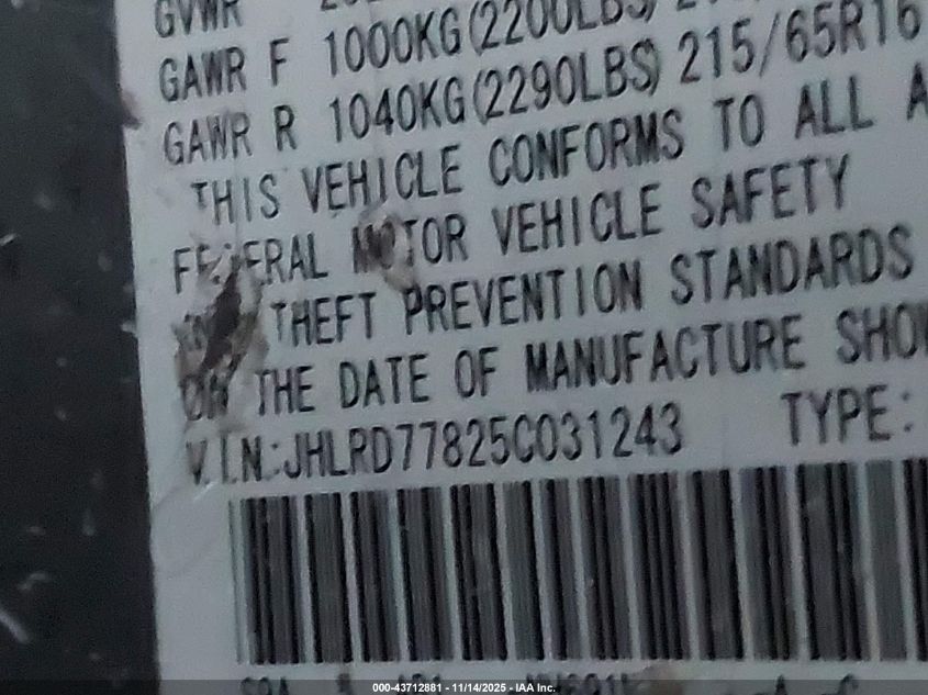 2005 Honda Cr-V Ex VIN: JHLRD77825C031243 Lot: 43712881