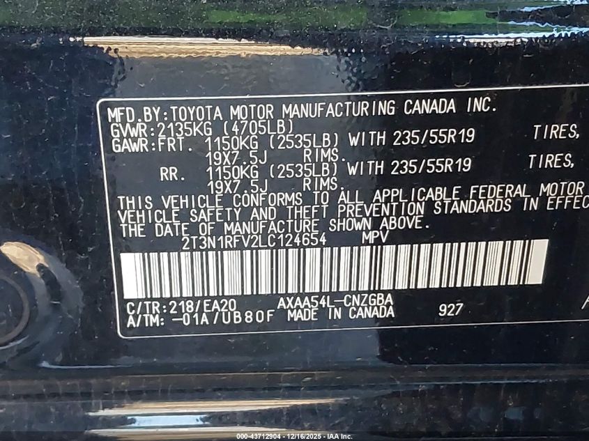 2020 Toyota Rav4 Limited VIN: 2T3N1RFV2LC124654 Lot: 43712904