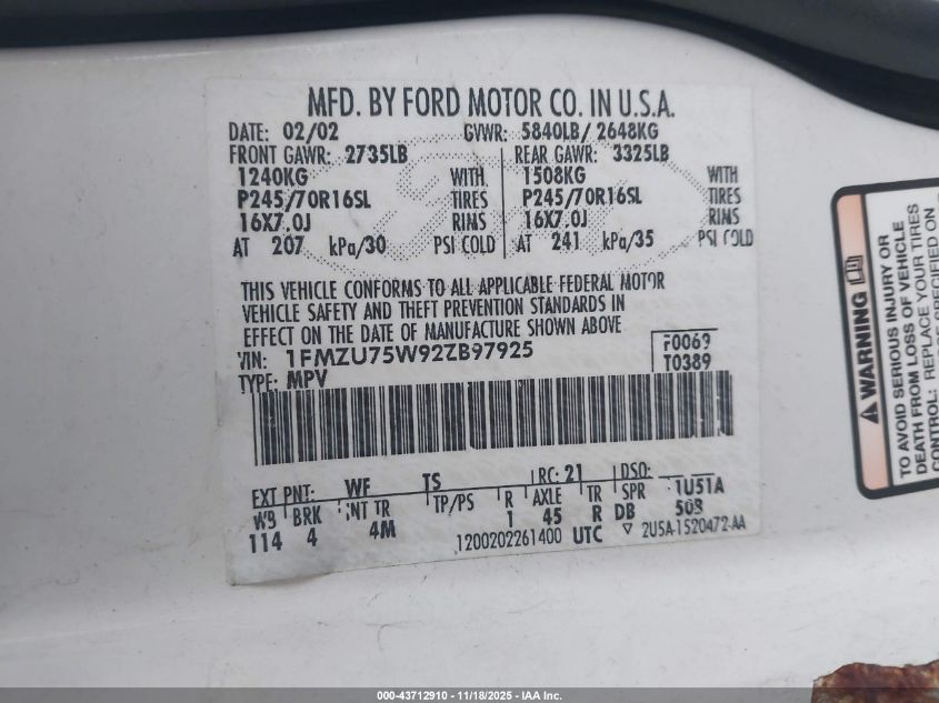 2002 Ford Explorer Limited VIN: 1FMZU75W92ZB97925 Lot: 43712910