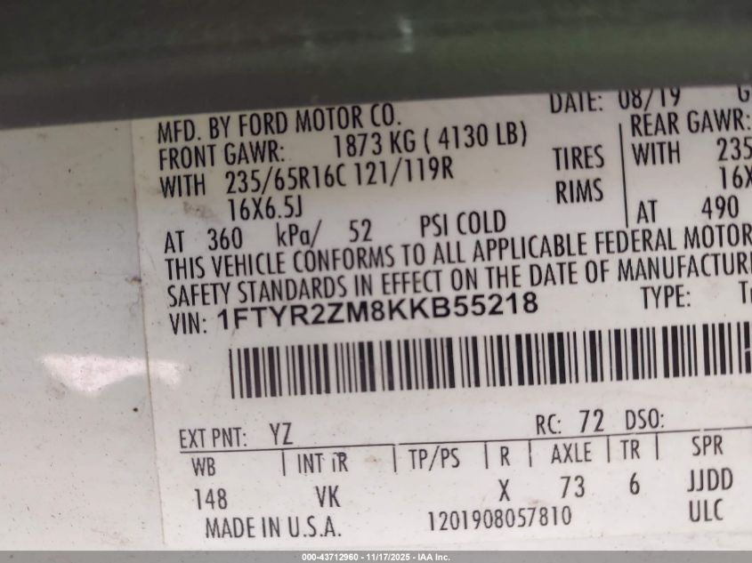 2019 Ford Transit-250 VIN: 1FTYR2ZM8KKB55218 Lot: 43712960