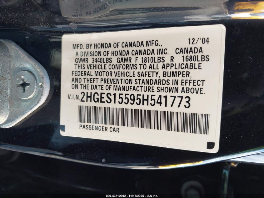 2005 Honda Civic Lx VIN: 2HGES15595H541773 Lot: 43712992