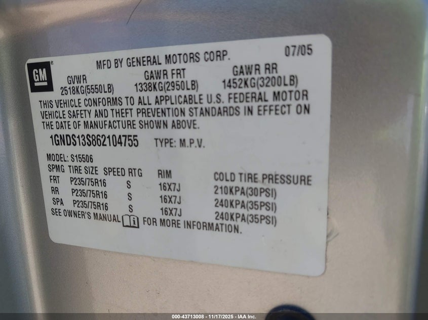 2006 Chevrolet Trailblazer Ls VIN: 1GNDS13S862104755 Lot: 43713008