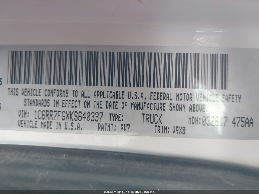 2019 Ram 1500 Classic Tradesman 4X4 6'4 Box VIN: 1C6RR7FGXKS640337 Lot: 43713014