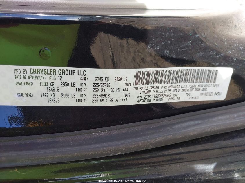 2013 Chrysler Town & Country Touring VIN: 2C4RC1BG9DR525505 Lot: 43713015