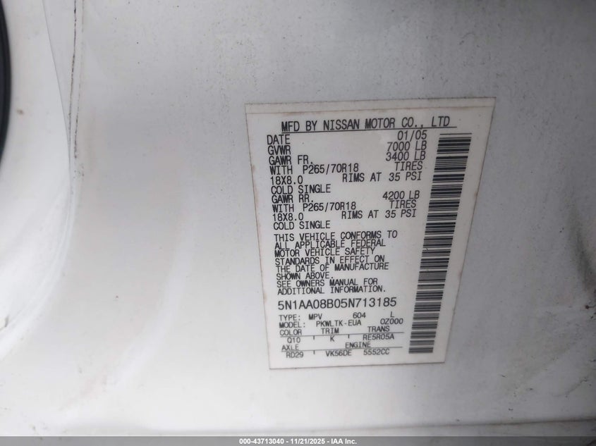 2005 Nissan Armada Se VIN: 5N1AA08B05N713185 Lot: 43713040