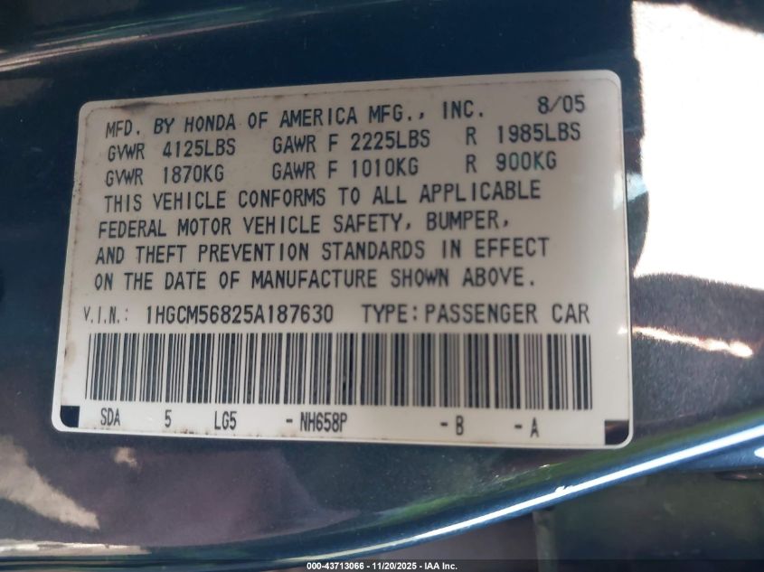 2005 Honda Accord 2.4 Ex VIN: 1HGCM56825A187630 Lot: 43713066
