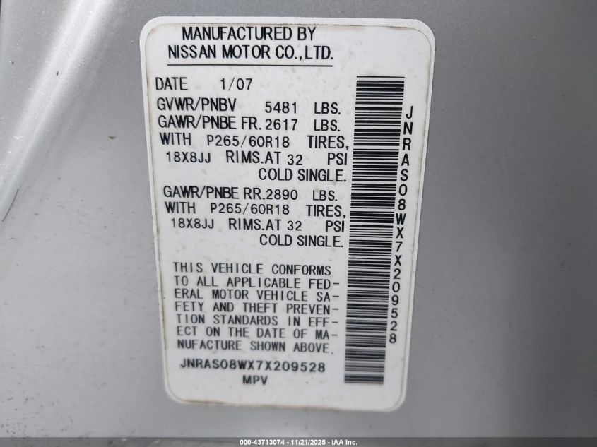 2007 Infiniti Fx35 VIN: JNRAS08WX7X209528 Lot: 43713074