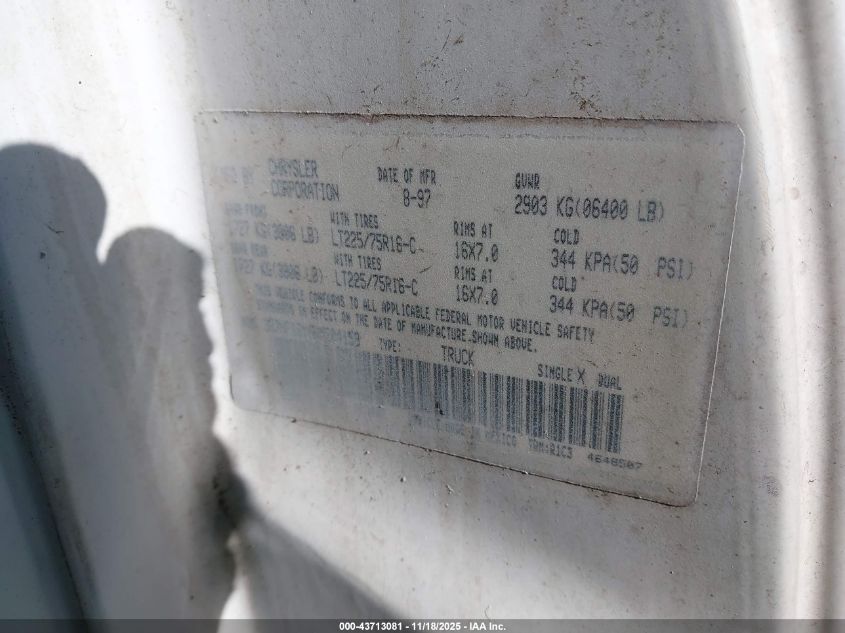 1998 Dodge Ram 1500 St VIN: 3B7HF16Y0WM204159 Lot: 43713081