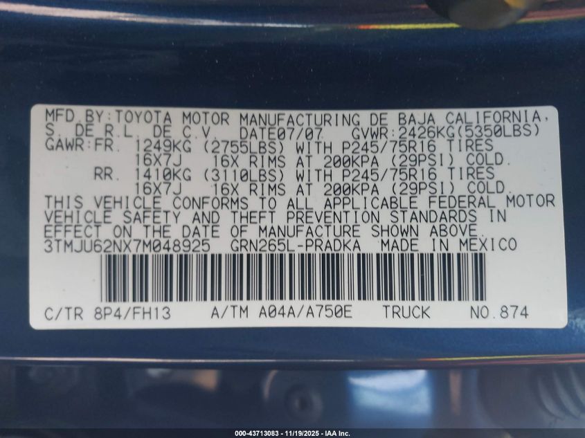 2007 Toyota Tacoma Prerunner V6 VIN: 3TMJU62NX7M048925 Lot: 43713083