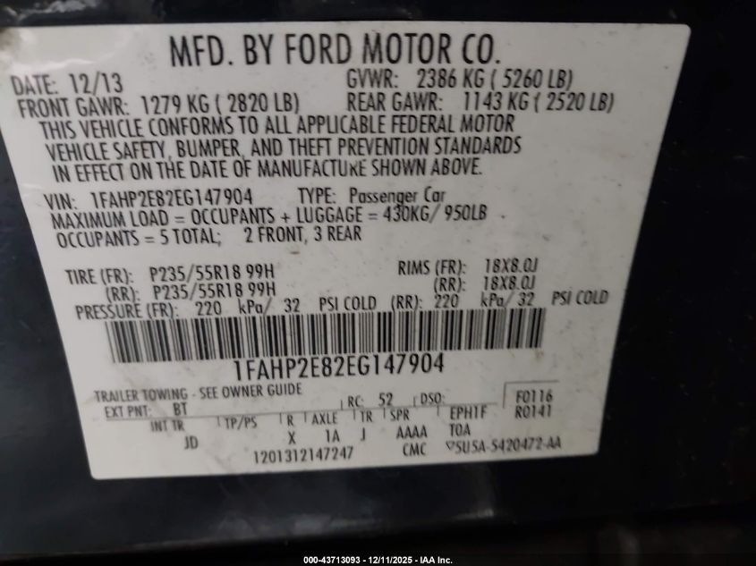 2014 Ford Taurus Sel VIN: 1FAHP2E82EG147904 Lot: 43713093